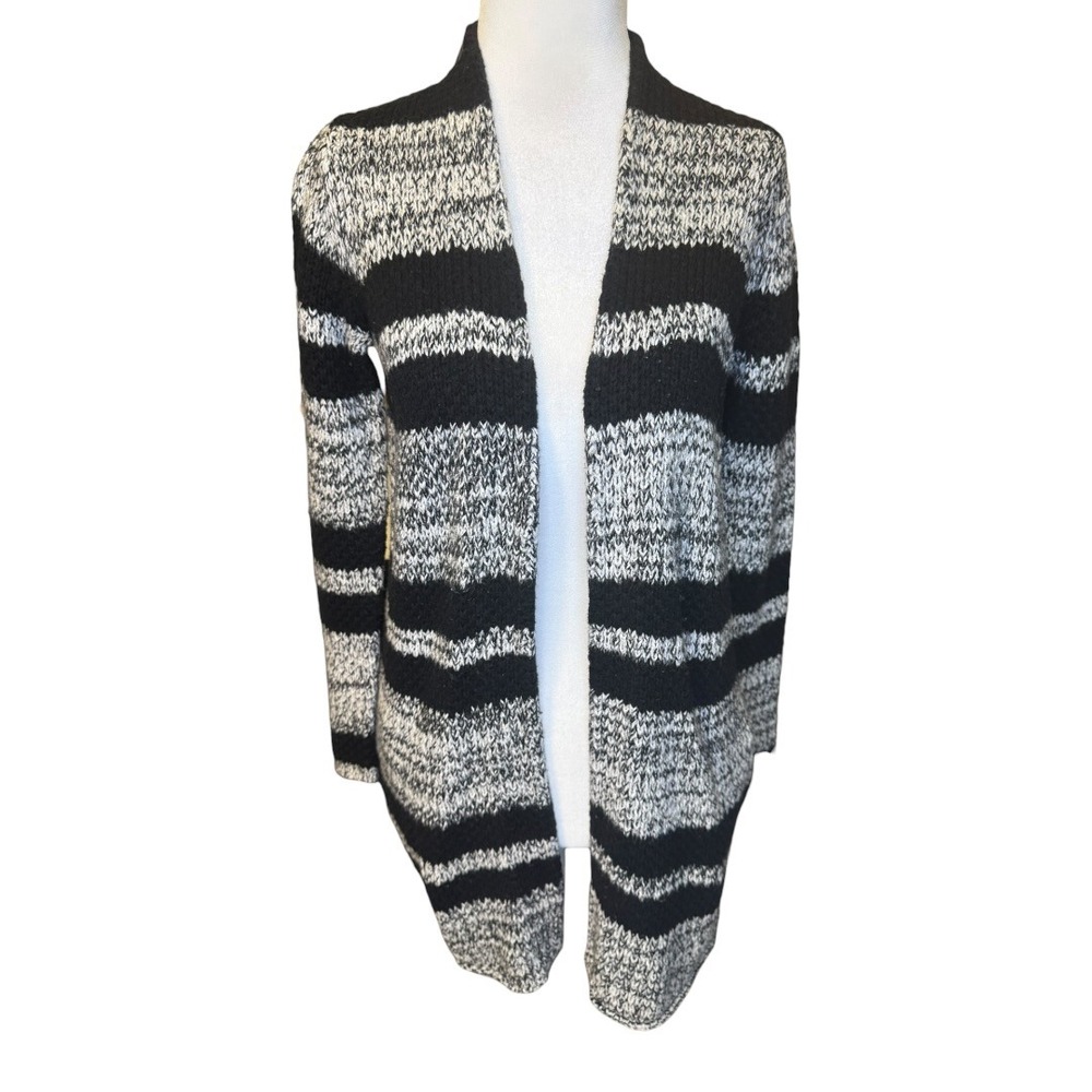 LOFT Women's Black‎ White Striped Open Front Cardigan Cotton Camel Knit XXSP